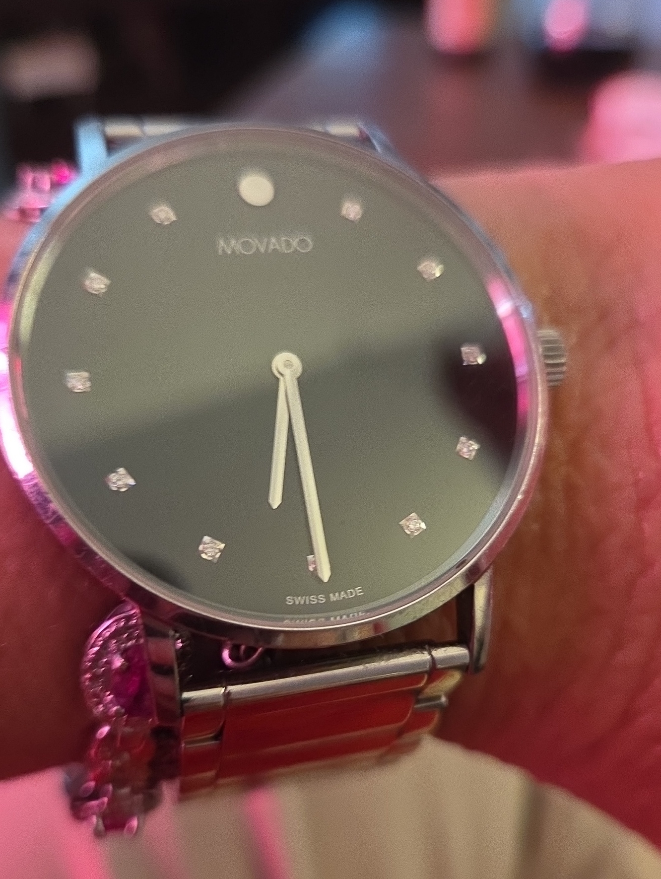 Movado SilverTone Watch With Black Dial And Diamond Markers